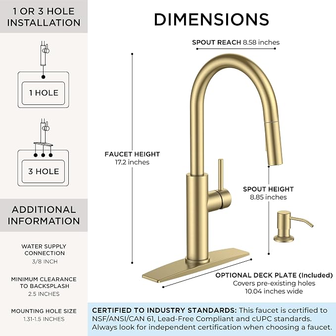 FORIOUS Kitchen Faucet with Soap Dispenser, Modern Brushed Gold, Single Handle High Arc Stainless Steel Kitchen Sink Faucet with Pull Down Sprayer, 1 or 3 Hole Deck Mount for RV, Laundry, Outdoor