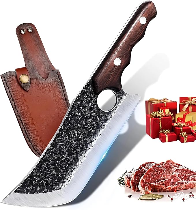 DRGSKL Hand Forged Meat Cleaver Knife with Belt Sheath and Gift Box | Japanese ATS-34 Steel, Hand Forged Full Tang Knife, Ebony Handle, Belt Sheath, Gift Box, Anti-stick Pounding Texture