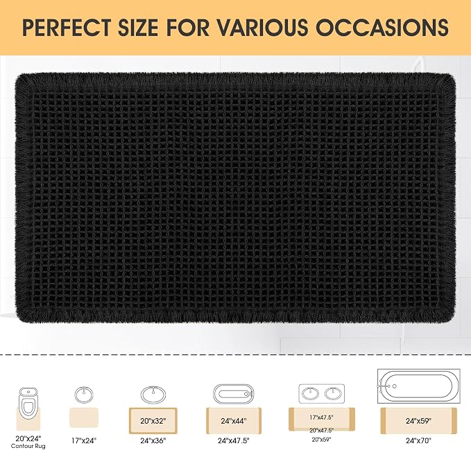 IM HOME Waffle Bath Mat Black 24"x17", Boho Woven Modern Bath Mat Rugs, Absorbent Non Slip Bathroom Rugs, Soft Washable Bath Rugs with Tassels for Bathroom, Bedroom, Kitchen, Shower, Tub