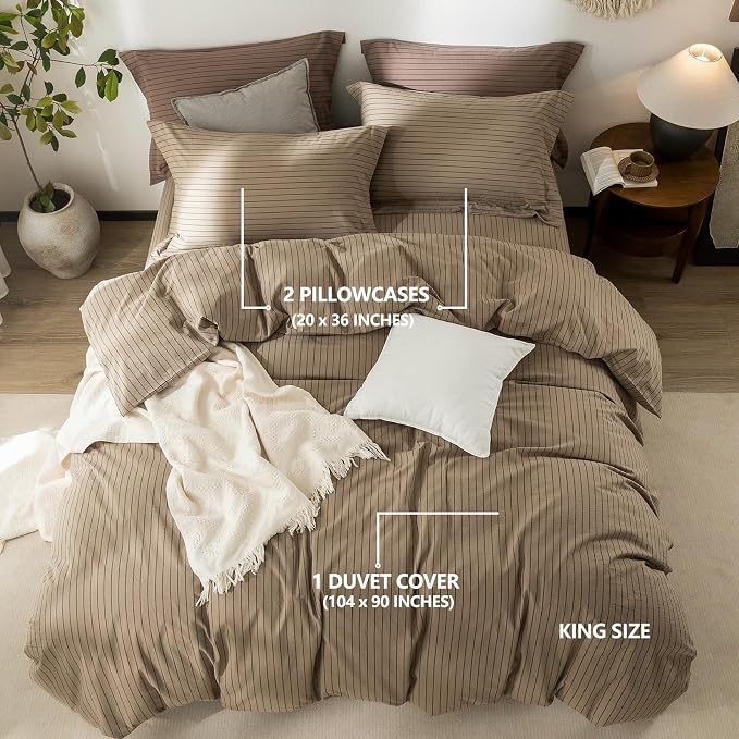 Stripe Duvet Cover King Size 104inch x 90inch,100% Washed Cotton Pinstripe Duvet Cover with Zipper Closure and 2 Pillowcases, Color of Light Camel-Black Stripe
