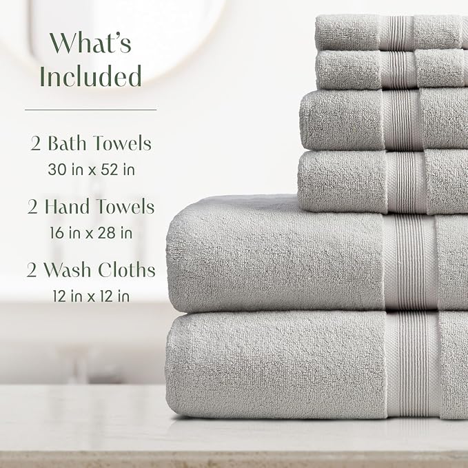 Springtree Home Luxury Bamboo Rayon Bath Towel Set | 6-Piece Set | Grey | 35% Bamboo Rayon - 65% Zero Twist Cotton | Absorbent Quick-Dry Towels for Bathroom | Ultra Soft | OEKO-TEX Standard 100
