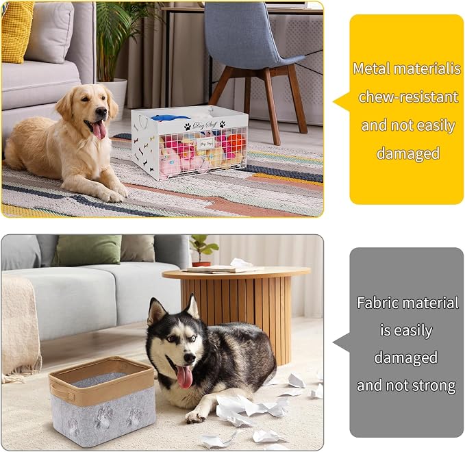 Bfttlity Dog Toy Basket - Large Dog Toy Box with Handles and Label Position Design for Living Room, Metal Dog Toy Bin Storage for Dogs Chew Pets Toys, Blankets, Clothes, Food (White)