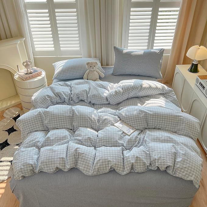 mixinni Light Blue Gingham Duvet Cover Set Twin Size - 100% Washed Cotton 3 Piece Plaid Checkered Bedding Set, Soft Comfy Grid Farmhouse Comforter Cover with Zipper Closure & Corner Ties