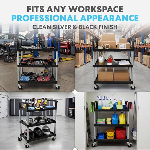 Simpli-Magic Rolling Utility Cart on Wheels, Heavy Duty Multi-Purpose Service Cart, Silver & Black, Garage, Warehouse & Commercial Use