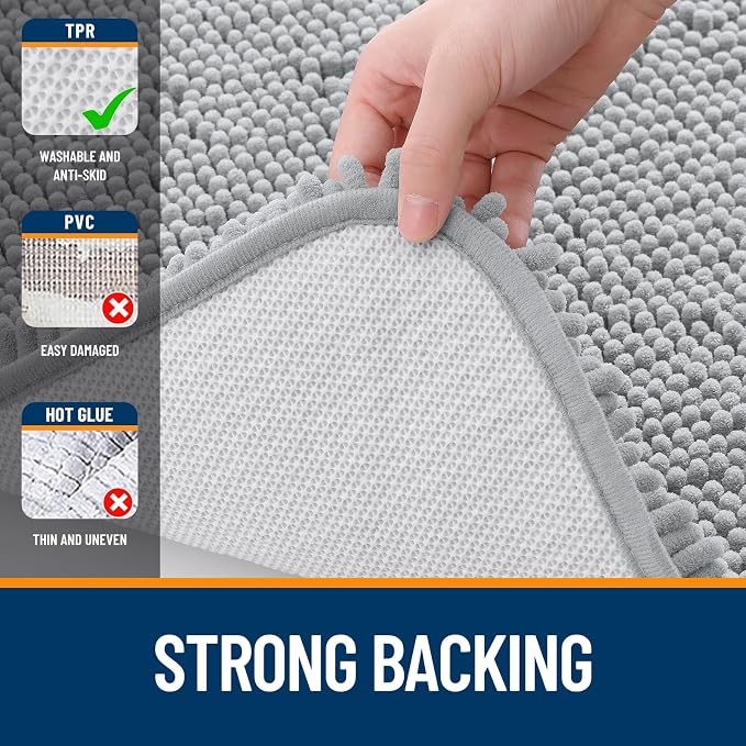 OLANLY Bathroom Runner Rugs 44x24, Soft Absorbent Chenille Bath Rugs, Rubber Backing Quick Dry, Machine Washable Long Bath Mats for Bathroom Floor, Tub and Shower, Home Decor Accessories, Light Grey