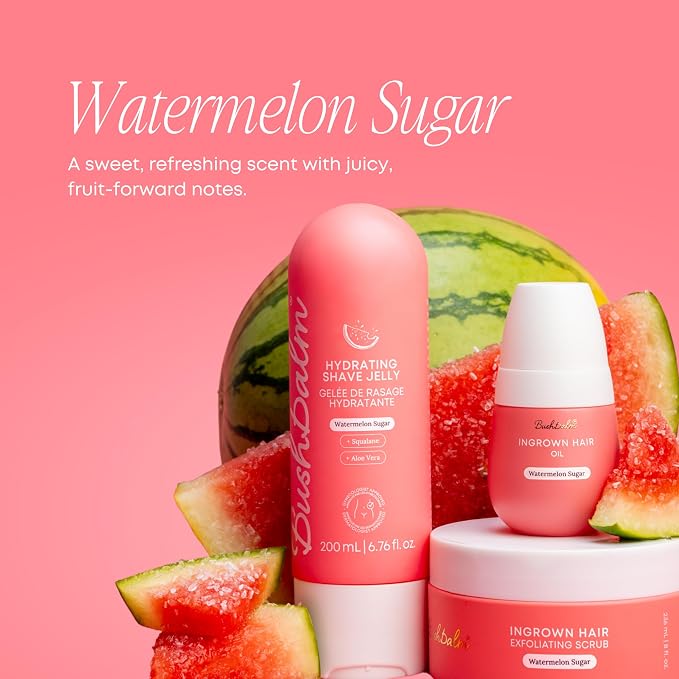 Bushbalm Shaving and Ingrown Hair 3 Step Routine – Reduce Razor Bumps & Hydrate – Shave Jelly, Ingrown Hair Oil and Exfoliating Scrub – Watermelon Sugar