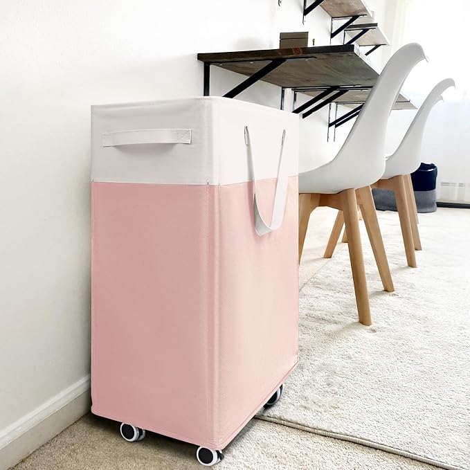 Goodpick Laundry Basket with Wheels 2-Pack, 75L Tall Clothes Hamper, Large Laundry Basket with Removable Wash Bag for Corner Dorm, Rolling Hamper, Pink&White