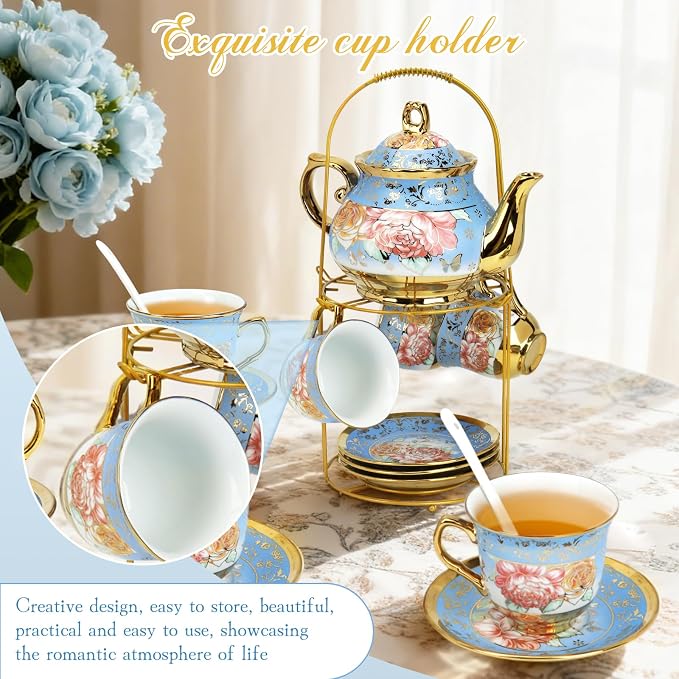 ALIMOTA 20 Pcs Porcelain Tea Set with Metal Holder and Spoon, European Ceramic Tea Set for Adults, European Flower Painting Teapot Cup Saucer Spoon Set for 6, Gift Pack (Blue)
