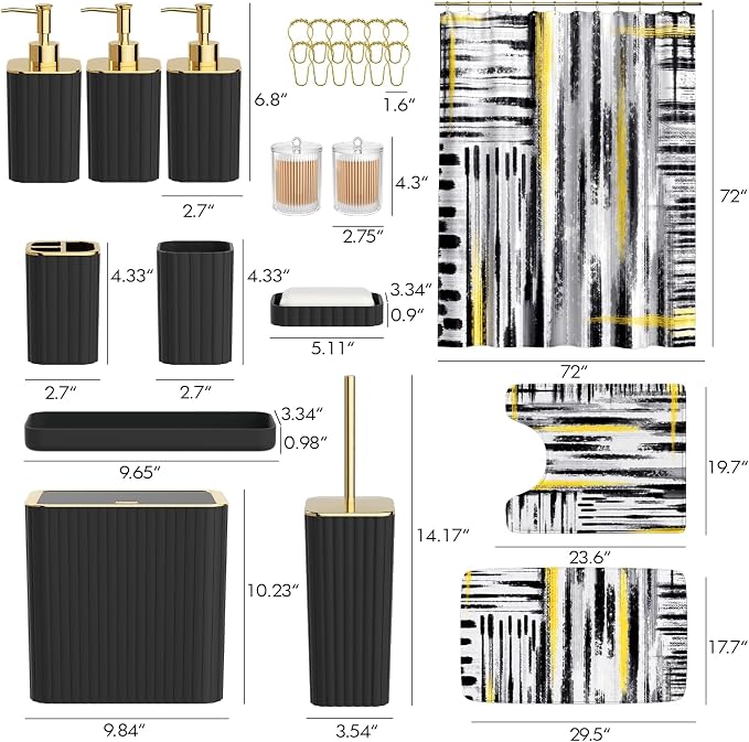 Bathroom Set - Bathroom Accessory Set, Black Bathroom Set, 26PC Bathroom Sets with Shower Curtain and Rugs, Toilet Brush, Trash Can, Qtip Holder & Bathroom Soap Dispenser Set