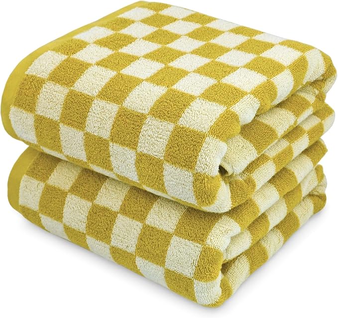 Jacquotha Luxury Bath Towels - Pack of 2, Mustard Yellow Checkered | Cotton Fall Bathroom Towels Sets for Body Drying 55x27.5 Inches