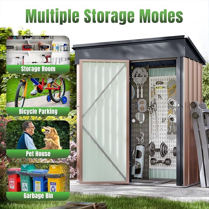 Aoxun 5x3 FT Shed Outdoor Storage Shed with Base, Brown | Metal Shed with Lockable Doors & Slooping Roof Garden Tool Shed for Backyard, Patio, Poolside