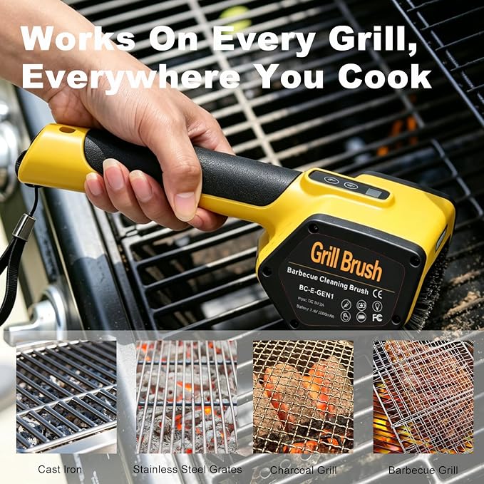 Electric BBQ Grill Brush,3000mAh Electric Grill Cleaner for Outdoor Grill, 2-Speed Power, Type-C Charging, 2 Brush Heads & LED Light, Motorized Grill Cleaning Brush for Camping & Family BBQ(Yellow)