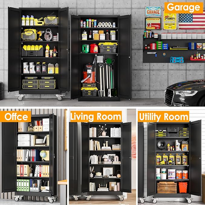 PAOFIN 71''H Tall Metal Garage Storage Cabinet with Wheels,Steel File Cabinets with 2 Doors and 4 Adjustable Shelves for Home Office, Warehouse, Required Assembly,Black