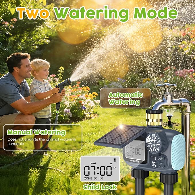Solar Sprinkler Timer,Brass Inlet Hose Timer for Garden Hose,Programmable Water Timers,Plant Watering Devices,Garden Watering System, Rain Delay/Manual/Automatic Irrigation System, 2 Outlet