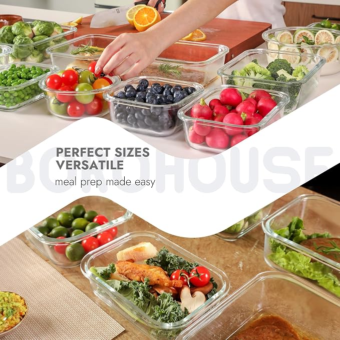 10-Pack Glass Food Storage Containers with Tempered Glass Lids – Borosilicate, Airtight, Oven-Safe (-4°F~950°F), BPA-Free, 4.4 & 1.6 Cup, Leak-Proof, Dishwasher Safe (Gray)