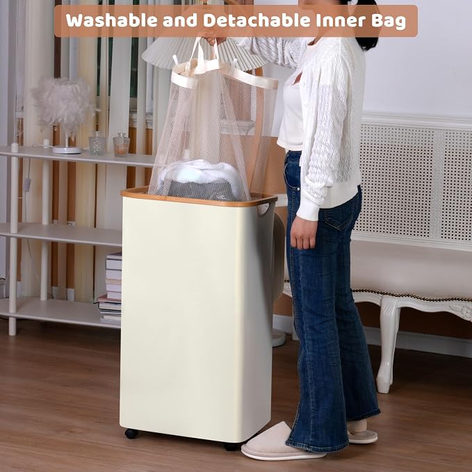 Laundry Basket with Wheels, 110L Beige Clothes Hamper for Laundry, Laundry Hamper with Lid and Inner Bag, for Laundry Room, Bedroom, Dormitory Storage,Beige