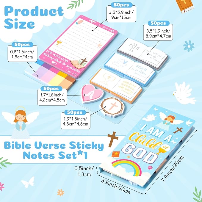 Xqumoi Christian Bible Verse Sticky Notes Set - I Am a Child of God Self-Stick Note Pads Inspirational Religious Divider Tabs Bundle Writing Memo Pad Page Sunday School Office Christmas Supplies Gift