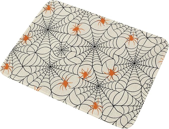 Small Door Mat Indoor Outdoor 15.7"x23.6",Halloween Absorbent Non Slip Entry Rug,Black Net Classic Spiders Gingham Orange Rustic Low Profile Welcome Mat for Front/Side Door Apartment Entrance Bathroom