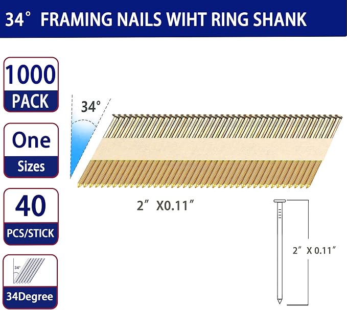 HW HAMWOO 34°Framing Nails,Galvanized Ring Shank,2":1000pcs | D Head Nail Pack,Paper Tape Strip Nails,for 30 to 34 Degree Framing Nailer