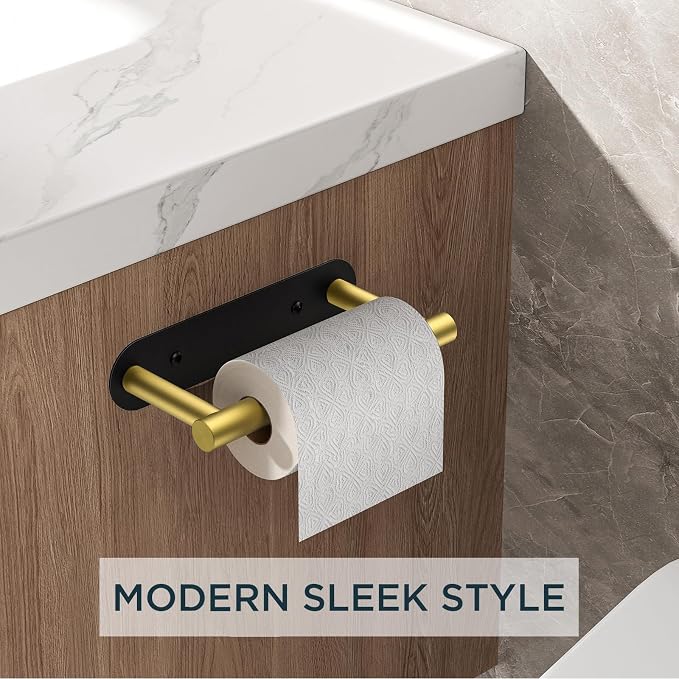 FORIOUS Toilet Paper Holder, Adhesive or Screw Wall Mount Pivoting Tissue Roll Holder, Stainless Steel Self Adhesive Toilet Paper Roll Holder no Drilling (Matte Black & Brushed Gold, Classic)