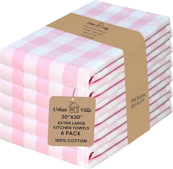 Urban Villa Kitchen Towels Set of 6 Buffalo Checks Pink/White Kitchen Towels 20X30 Inches 100% Cotton Highly Absorbent Kitchen Towels Premium Quality Ultra Soft Mitered Corners KitchenTowels