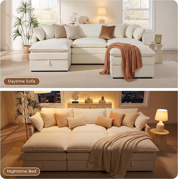 Ihanherry Oversized Sectional Sofa Bed with Storage, 103" 6-Seater Modular Cloud Couch with Movable Ottomans, Chenille Deep Seat Sleeper Couches for Living Room (Beige)