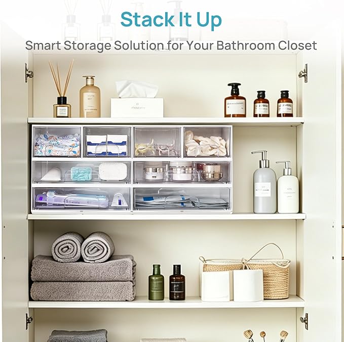 Vtopmart 2 Pack Clear Stackable Storage Drawers,12.1''W Plastic Organizers Bins for Beauty Supplies, Ideal for Vanity, Bathroom, Cabinet, Room Organization, White