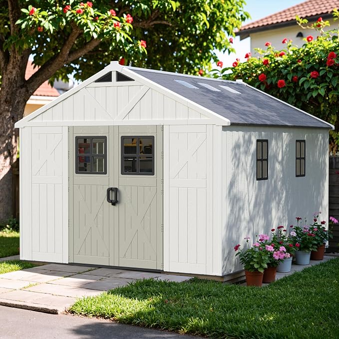 Greesum 10X12FT Plastic Outdoor Storage Shed with Floor and Lockable Door, Resin Sheds with 5-Windows and Multiple Skylights, HDPE Kick-it Shed for Garden, Patio, Backyard, Beige