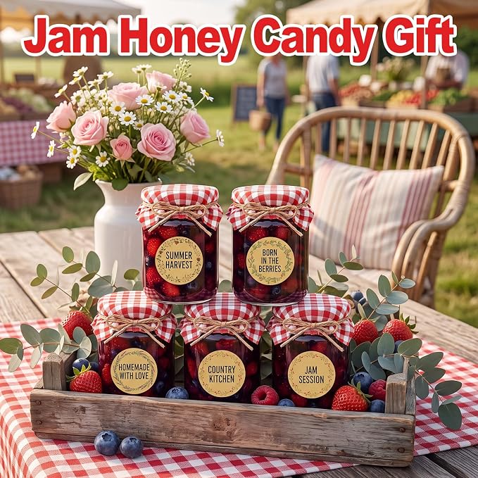 Blushtier 15 Sets 16 oz Mini Yogurt Jars Glass Mason Jar with Lids Red Plaid Muslin Cloth Cover Decorative Jute Rope Brush Glass Bottle for Jam Honey Candy Gift Wedding Favors Birthday Party Decor