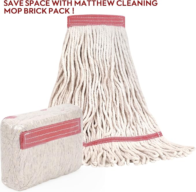 MATTHEW CLEANING Heavy Duty Mop Head Commercial Replacement for General and Floor Cleaning, Wet Industrial Blue Cotton Looped End String Head Refill (Case of 24) White