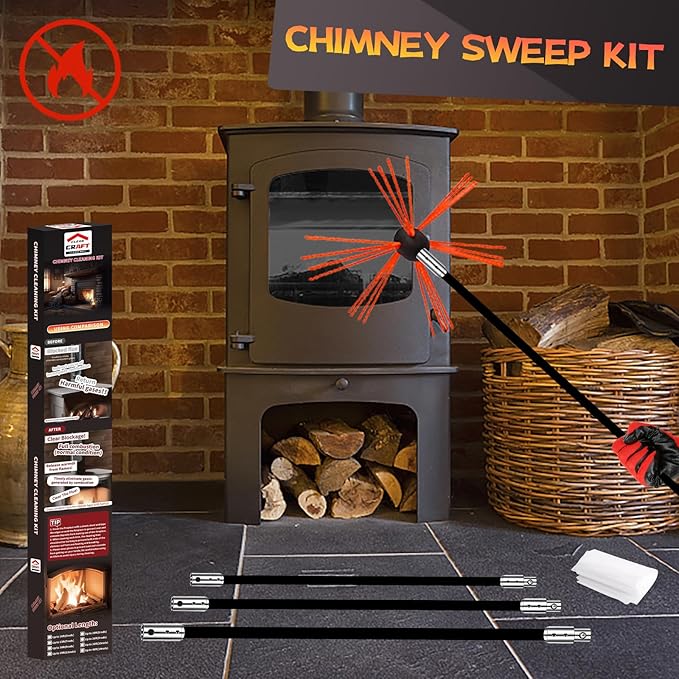 23 Feet Chimney Sweep Kit, Chimney Cleaning Kit with 7 Flexible Black Chimney Rods, Rotary Chimney Cleaning System Driven by Drill for Sweeping Fireplace, Chimney Cleaners with Strong Brush