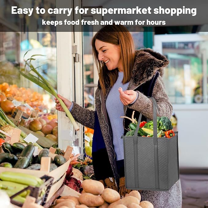 18L Insulated Grocery Bags, Zippered Top 3PCS Reinforced Handles | 12×7×13", reusable thermal lining, keeps food warm & cold, suitable for travel, picnic, camping, beach, shopping