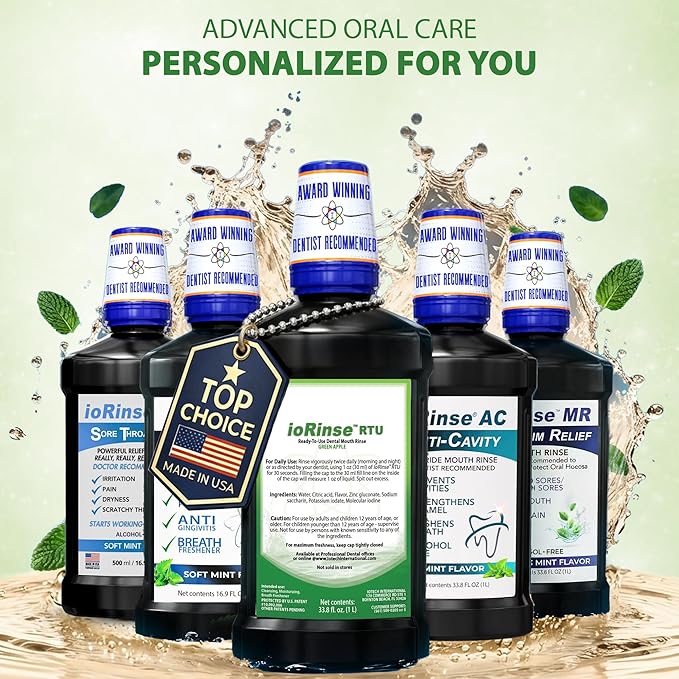 ioRinse Ready-to-Use (RTU) Mouthwash for Fresher Breath, Halitosis Relief, Alcohol-Free, Fluoride-Free and a Professional Clean, Original ioRinse RTU Mouth Wash, Zero Alcohol - Green Apple Flavor, 1L