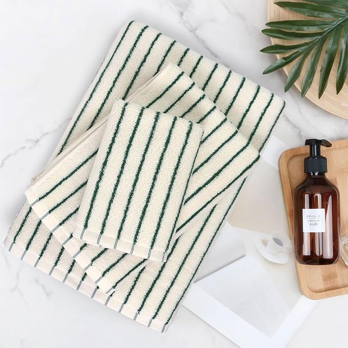 8 Piece Green Towel Set, Super Soft & Absorbent Cotton Striped Towels | for Bathroom Decor, 2 Bath, 2 Hand, 4 Washcloths