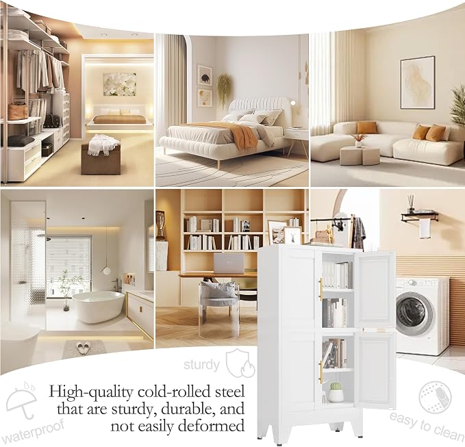 GAIOUS 47.25" Metal Pantry Cabinet, White Storage Cabinets with 4 Door | and 2 Adjustable Shelves, Steel Bathroom Cabinet,Freestanding Cupboard for Kitchen Dining Living Room Bathroom,Floor Cabinet
