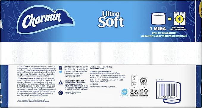 Charmin Ultra Soft Toilet Paper, 24 Mega Rolls Bathroom Tissue = 96 Regular Rolls