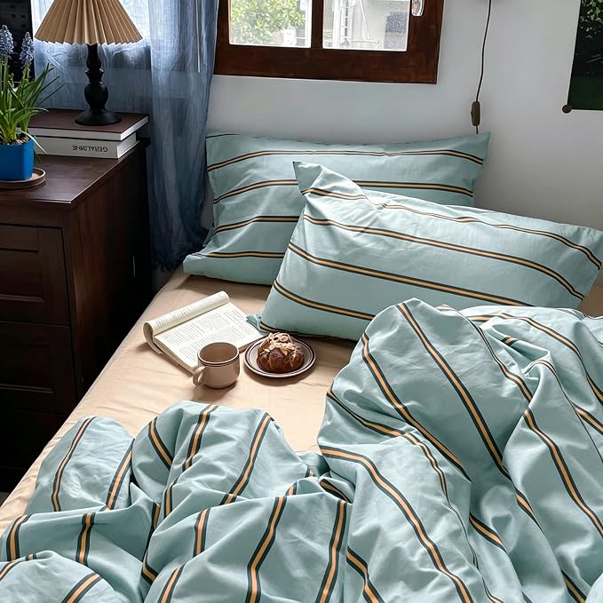 mixinni Retro Mint Blue Striped Duvet Cover Set - 100% Natural Cotton 3-Piece Vintage Stripes Pattern Printed Bedding Set, Soft Breathable Comforter Cover with Zipper Closure & Corner Ties, Queen Size