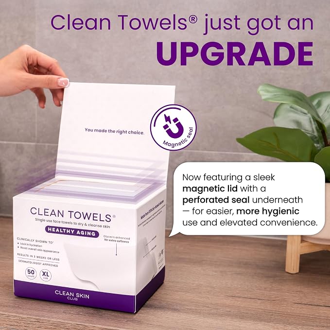 Clean Skin Club Healthy Aging Clean Towels® XL, Smooths, Treated for Extra Softness, Disposable Face Towels, Anti Aging Makeup Remover Dry Wipe, 2 Packs, 100 Ct Total