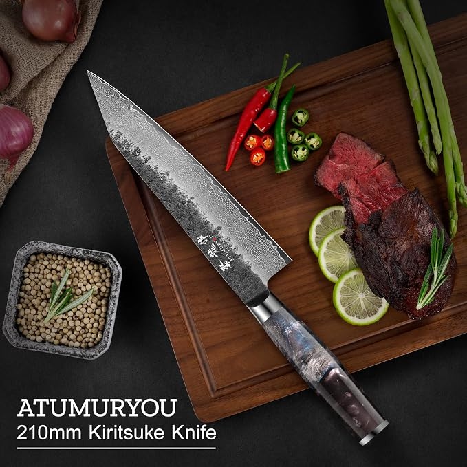 8.27'' Japanese Damascus Kiritsuke Knife, VG10 Steel Forged | Kurouchi Forged Finish, Damascus Stainless Steel Cladding, Flat Edge Push Cuts, Leather Sheath Included, Premium Gift Box