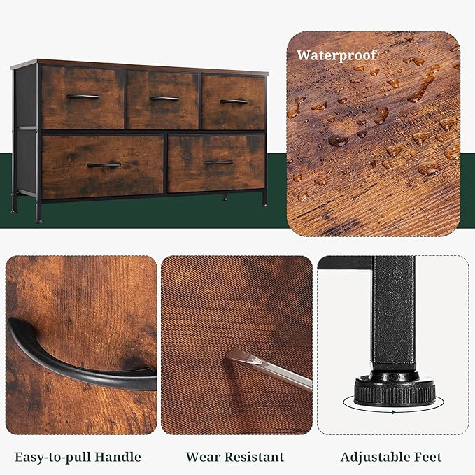 5-Drawer Dresser for Bedroom, Anti-Tip Wide Storage Organizer Fabric Chest of Drawers TV Stand for 45" TV with Wooden Top and Metal Frame for Closet, Living Room, Hallway, Entryway, Brown