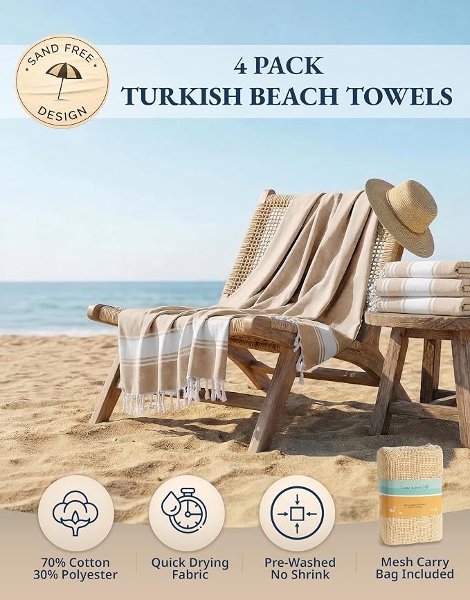 LANE LINEN Beach Towel 4 Pack, Oversized Beach Towels for Adults - Beige | Lightweight Travel Beach Towels - Pre-Washed for Soft Hand Feel - 39"x71", Vacation Essential - Machine Washable, Gym & Yoga