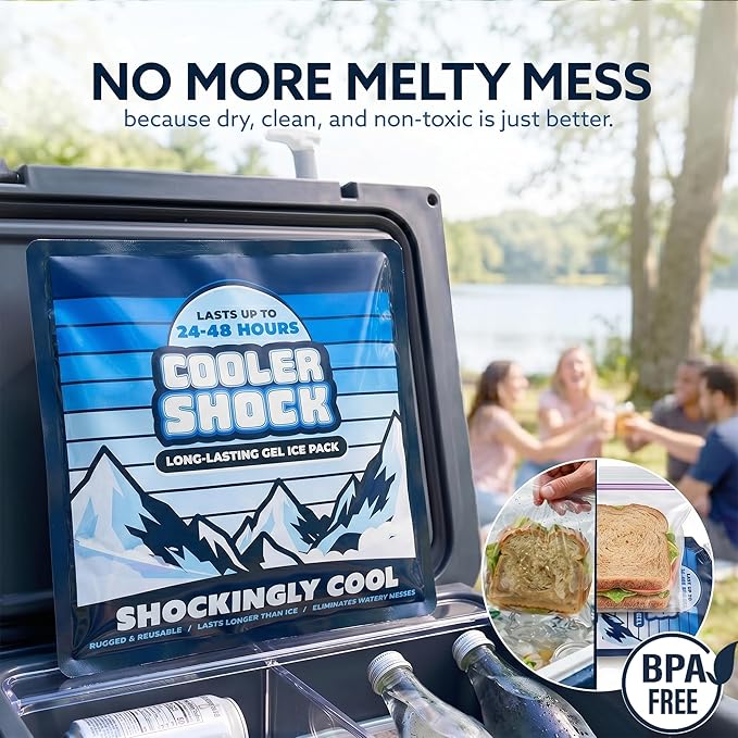 Cooler Shock Reusable Ice Packs for Cooler - Long Lasting Cold Freezer Packs for Coolers and Lunch Boxes - Cooler Ice Packs for Camping Gear, Fishing, Road Trips, Beach Must Haves