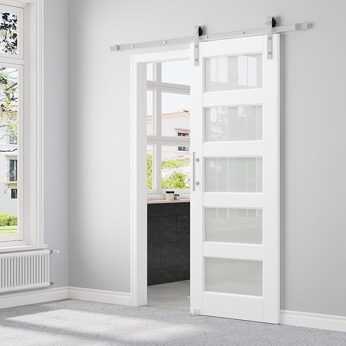30" x 80" Pre-Assembled Barn Door and 6FT Sliding Door Hardware Kit Included & Handle, 5-Lite Frosted Glass White Sliding Barn Door for Closet Bathroom Bedroom, Solid & Water-Resistant MDF, Paintable