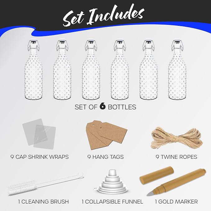 Nevlers 17 Oz Dotted Swing Top Glass Bottles with Airtight Lid 6 PK | Flip Top Glass Bottle with Stopper, Wrap, Funnel, Brush, Tags & Marker | Alcohol Bottle Set | Fermentation Bottles with Stoppers