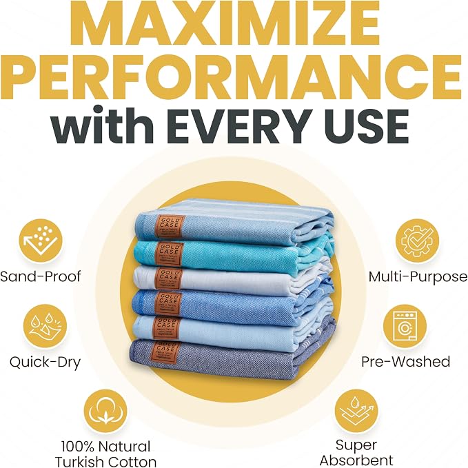 Gold CASE LYCIA Turkish Beach Towel Set of 6 – 100% Cotton Turkish Beach Towels Bulk 70 x 38'' – LYCIA Oversized, Quick Dry & Sand Free Beach Towel – Lightweight Towels Set in Tones of Blue