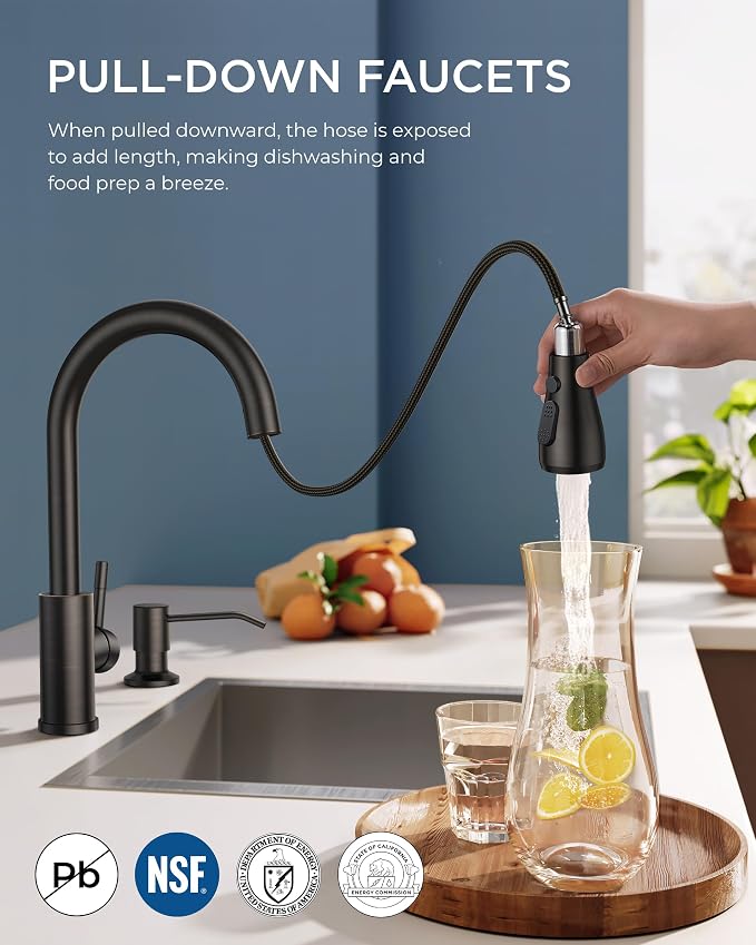 FORIOUS Kitchen Faucet with Soap Dispenser, Single Handle Stainless Steel Transitional Sink Faucet with Pull Down Sprayer 1 or 3 Hole, Suitable for Farmhouse Laundry Camper RV Bar, Oil Rubber Brown