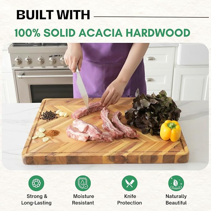 Herringbone Acacia Wood Cutting Boards for Kitchen, 1.5 in Thick Butcher Block Construction for Stability, 24 x 18 in Extra Large Cutting Boards with Gift Box, Juice Groove and Handle