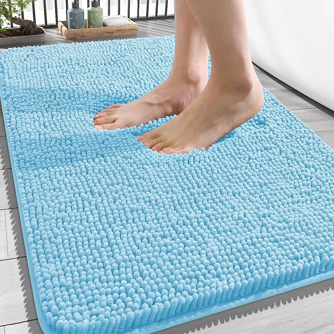OLANLY Bathroom Rugs 34x21, Extra Soft Absorbent Chenille Bath Rugs, Rubber Backing Quick Dry, Machine Washable Bath Mats for Bathroom Floor, Tub and Shower, Home Decor Accessories, Sky Blue