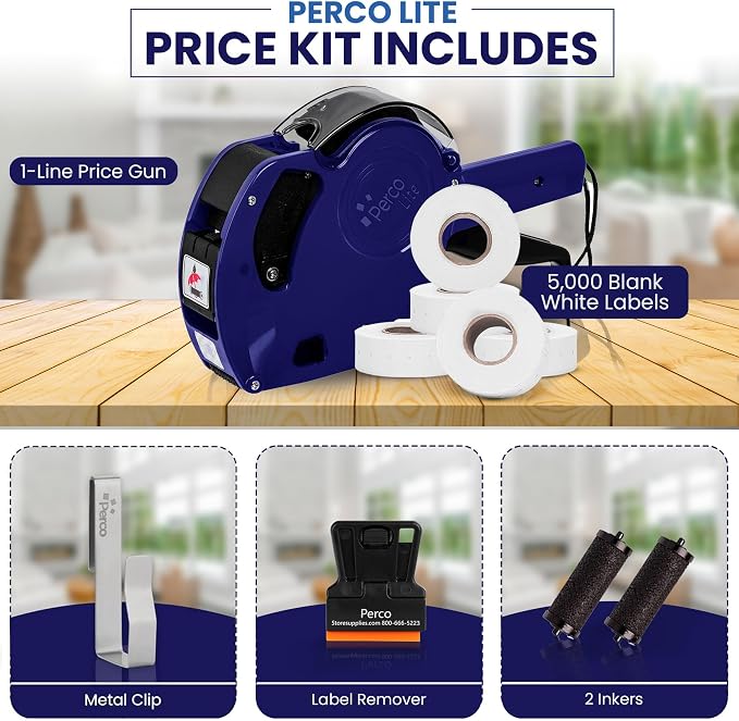 Perco Lite 1-Line Price Gun Kit, 5White Label Rolls, Gun Clip & Ink Rollers