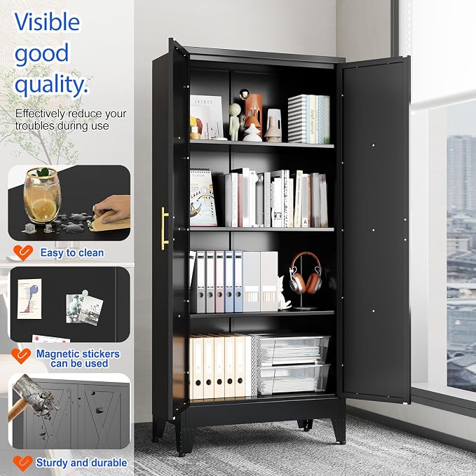 GAIOUS 61" Tall Kitchen Pantry Cabinet,Metal Storage Cabinet Black Cupboard | Steel Office Cabinet, Freestanding Bookcase with 2 Doors and 3 Adjustable Shelves, Bathroom Kitchen Bedroom Garage Cabinet